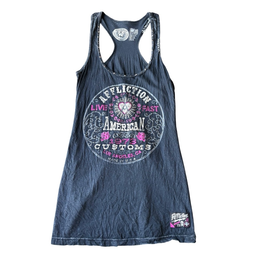 Affliction Woman’s Small Tank Top With Heart Design And Rhinestones